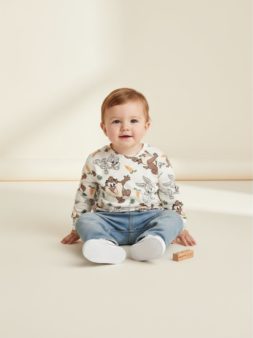 Bebé sentado vistiendo polera Vamos Niños de Baby Looney Tunes color crema con estampado de personajes y zanahorias