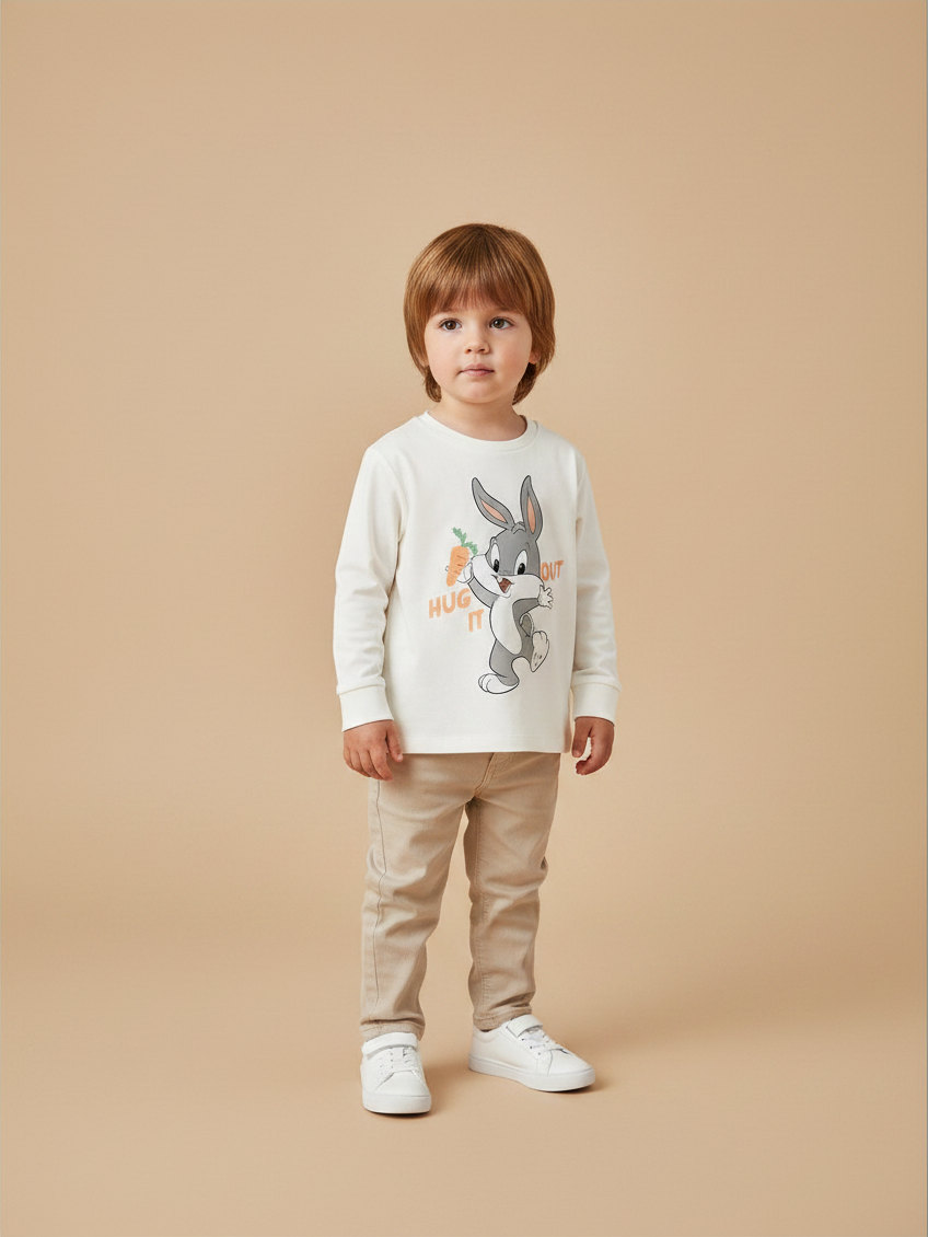 Niño pequeño vistiendo polera beige de Vamos Niños con estampado de Baby Box Bunny y pantalones claros