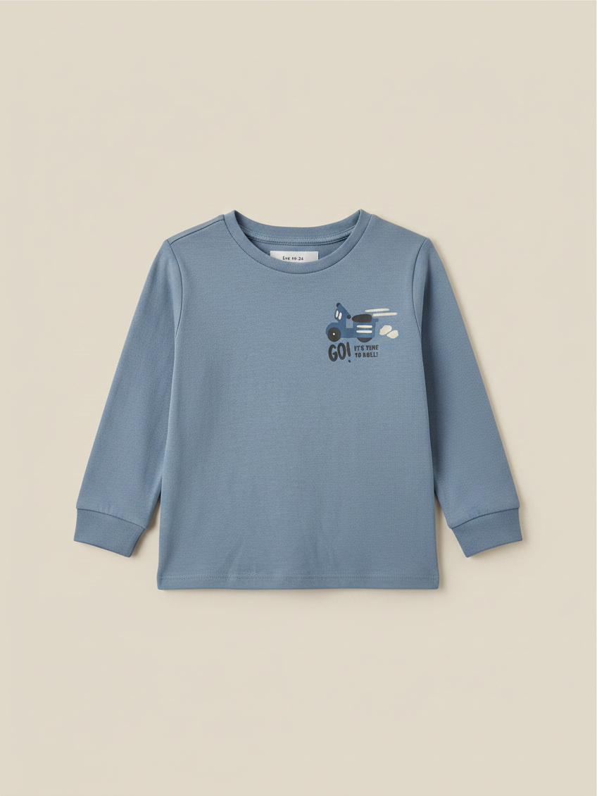Polera de niño Vamos Niños Lefties azul claro de manga larga con estampado de moto y texto Go