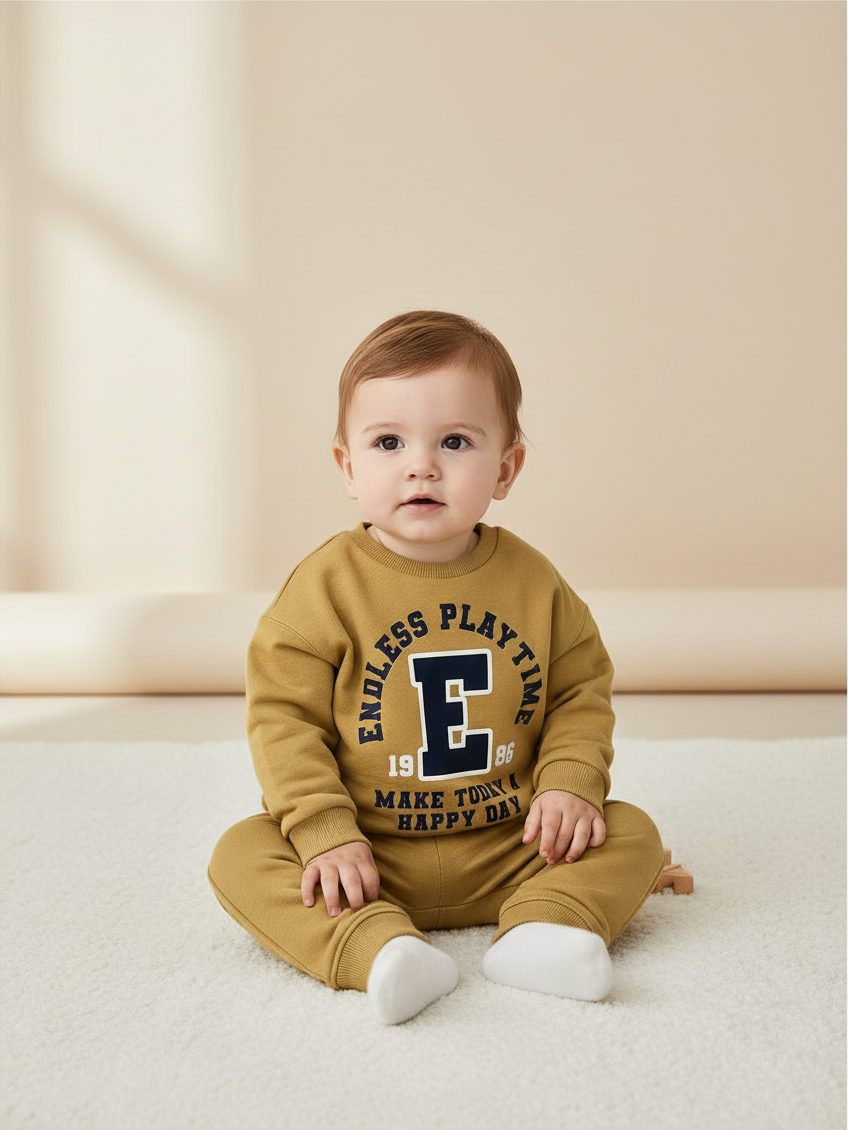 Bebé sentado vistiendo polerón amarillo Vamos Niños Lefties con estampado universitario y letras azul marino