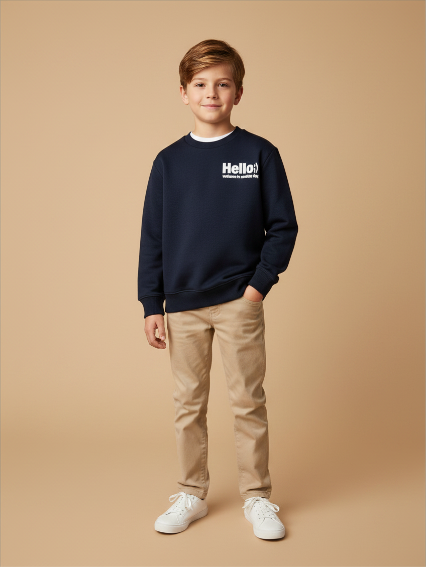 Niño vistiendo polerón azul oscuro Lefties con estampado Hello en Vamos Niños, combinado con pantalones beige