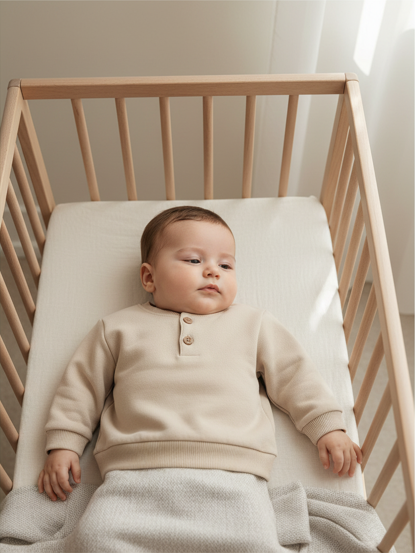 Bebé con polerón beige de Vamos Niños con dos botones de madera, acostado en una cuna de madera clara.
