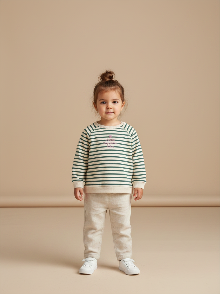 Niña pequeña vistiendo polerón Vamos Niños Lefties rayado beige y verde con letras glitter rosadas y pantalón claro