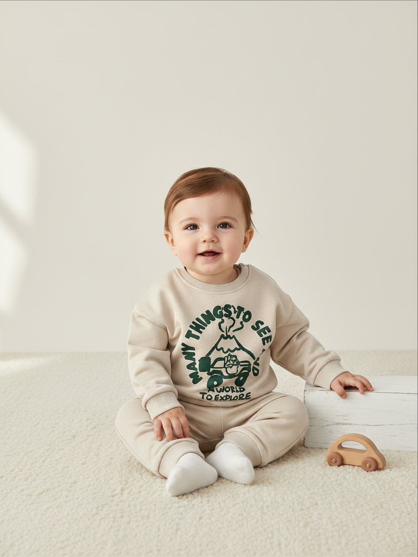 Bebé sentado vistiendo polerón beige con estampado verde de Vamos Niños, estilo casual y cómodo para niños.
