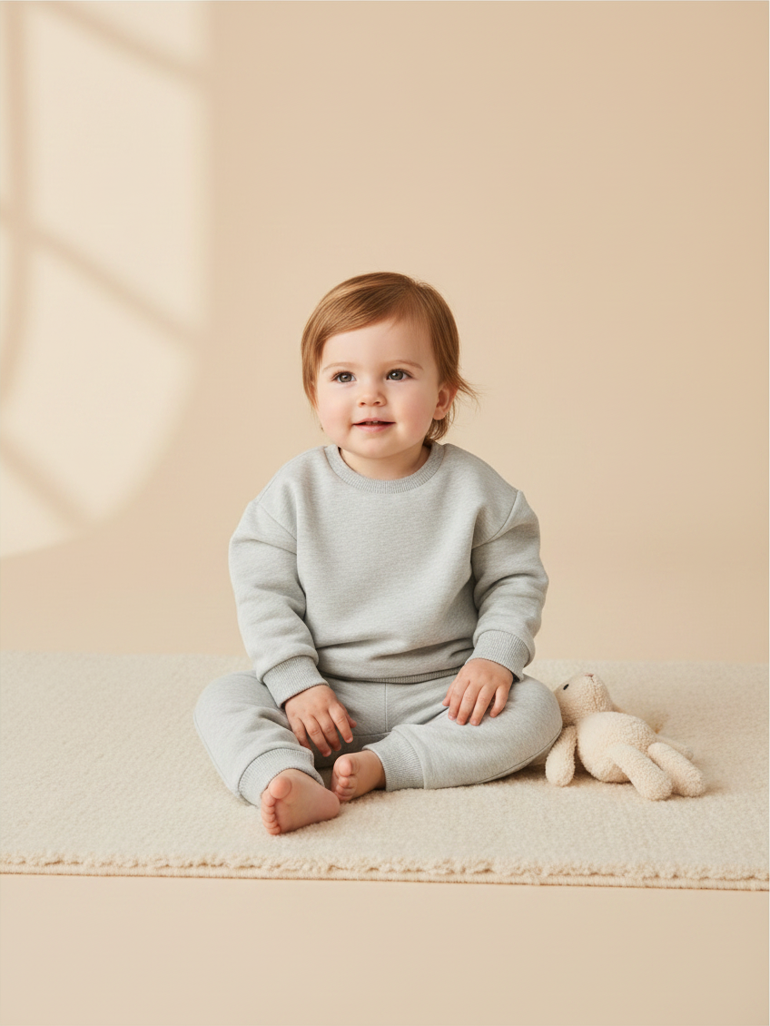 Bebé sentado con conjunto de polerón y pantalón gris de Vamos Niños, estilo casual y cómodo