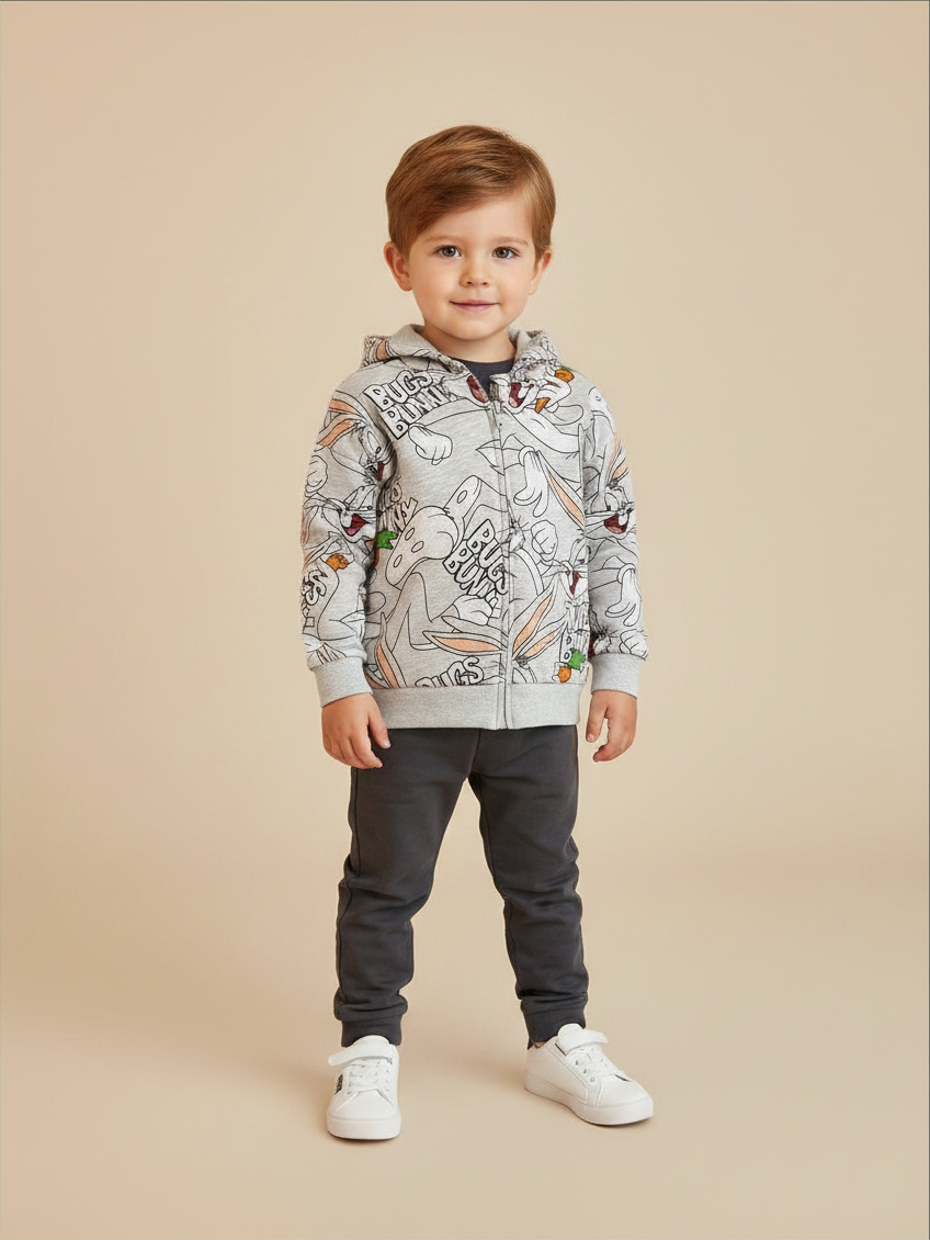 Niño vistiendo polerón gris con cierre, gorro y estampado de Bugs Bunny de la marca Vamos Niños