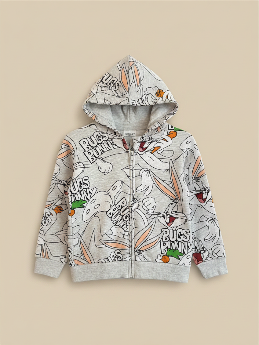 Polerón gris con cierre y gorro de Vamos Niños con estampado integral de Bugs Bunny para niño