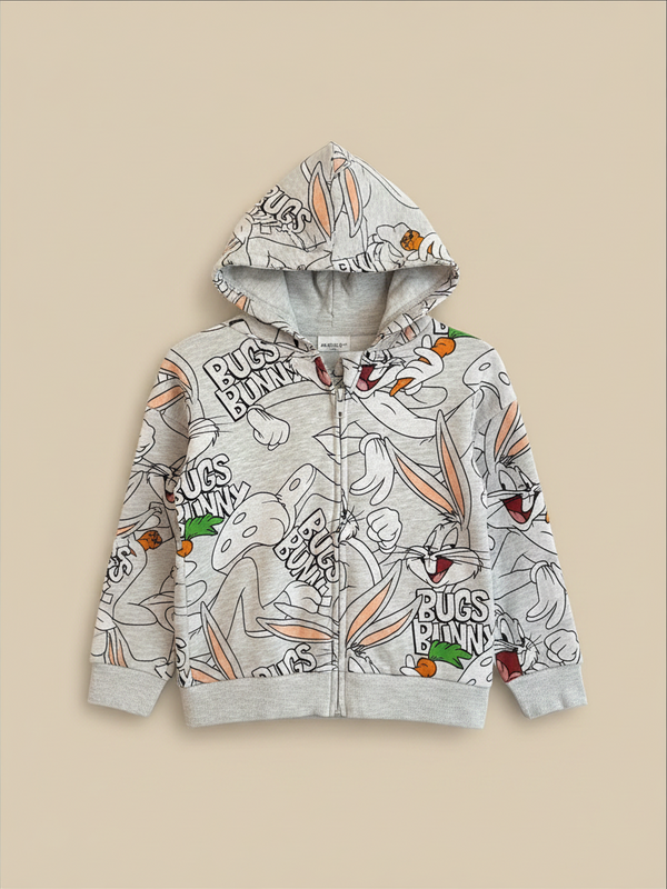 Polerón gris con cierre y gorro de Vamos Niños con estampado integral de Bugs Bunny para niño