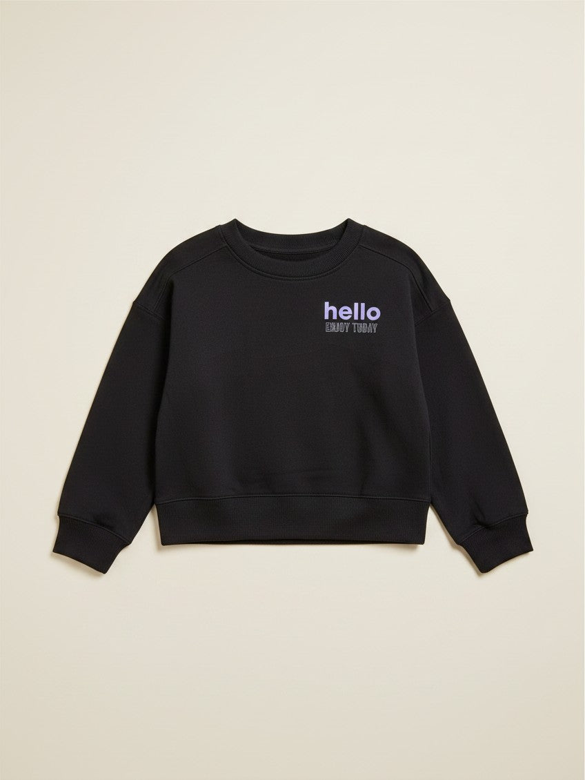 Polerón negro de niña Lefties con estampado de letras moradas y texto hello enjoy today, talla 10, Vamos Niños