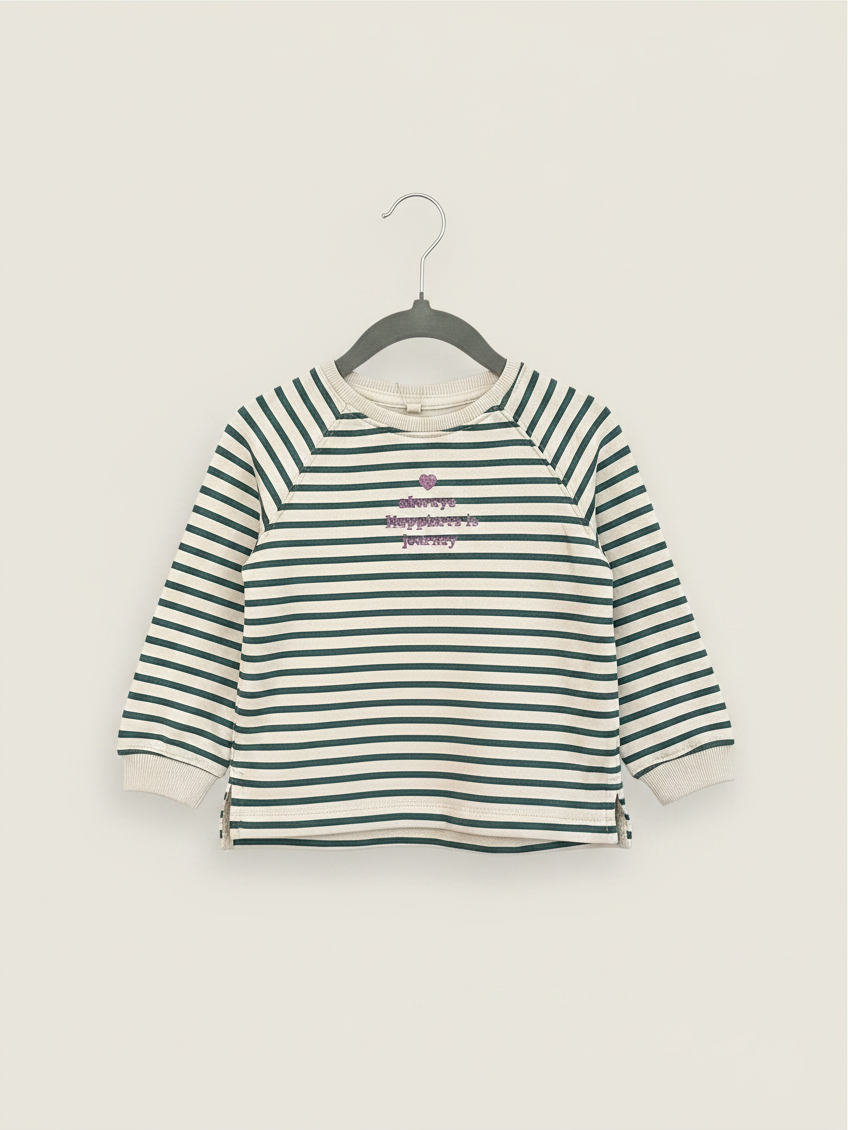 Polerón de niña Vamos Niños Lefties a rayas beige y verde con estampado frontal, manga larga y cuello redondo.
