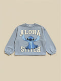 Polerón celeste de niña Vamos Niños con estampado de Stitch y letras Aloha con detalles de glitter
