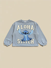 Polerón celeste de niña Vamos Niños con estampado de Stitch y letras Aloha con detalles de glitter