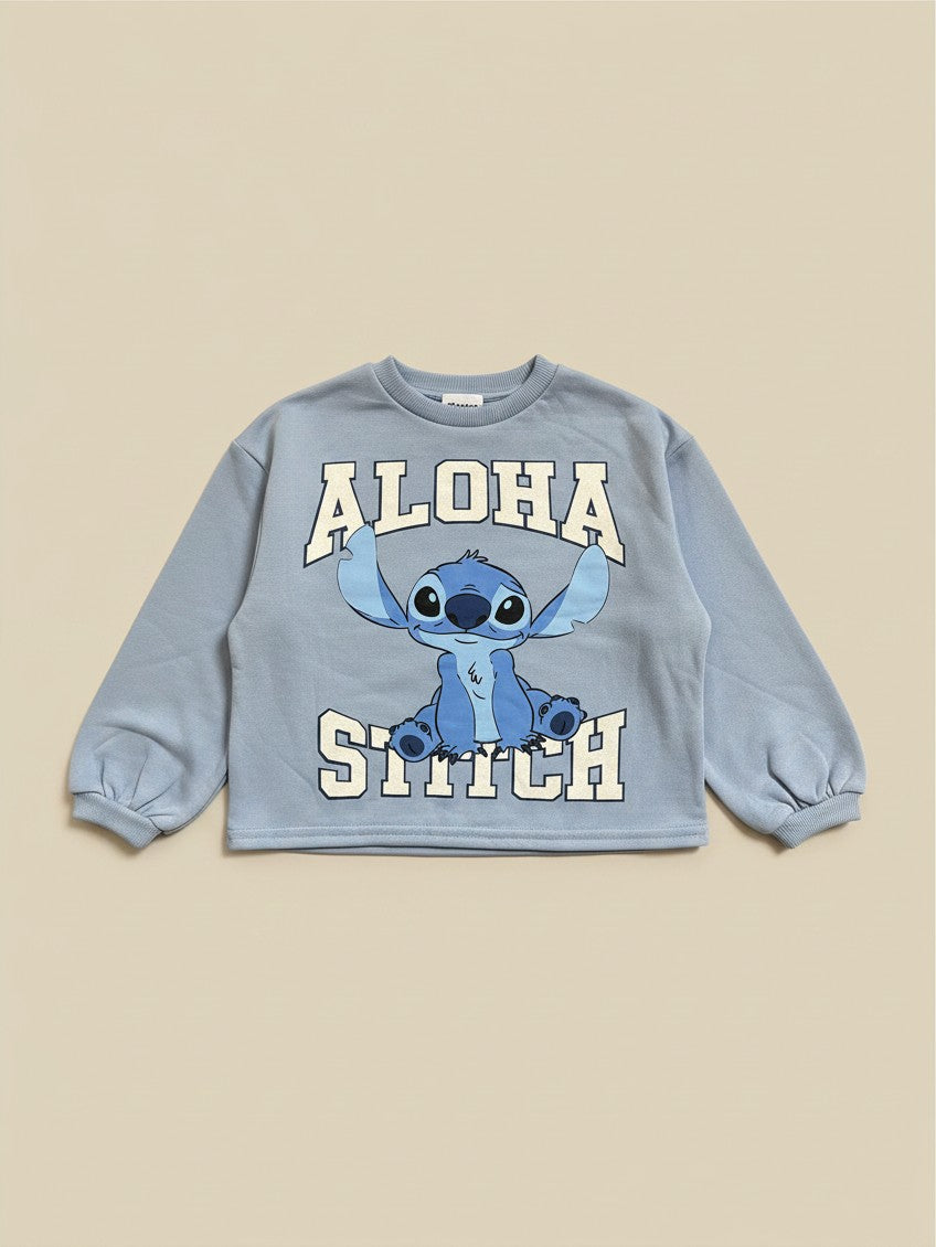 Polerón celeste de niña Vamos Niños con estampado de Stitch y letras Aloha con detalles de glitter