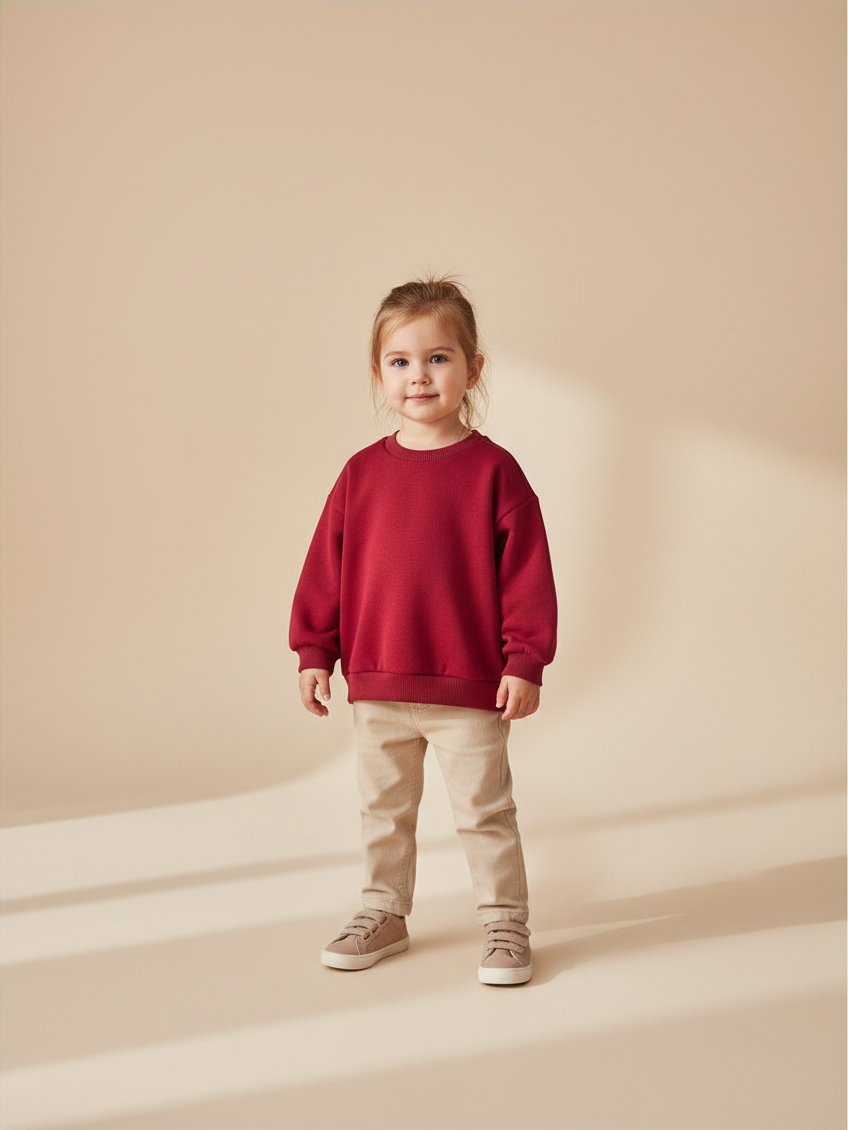 Niña pequeña vistiendo polerón básico rojo de Vamos Niños sobre fondo neutro