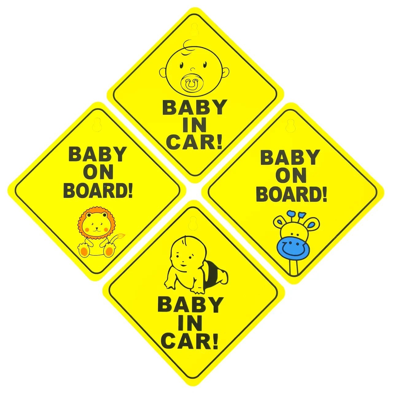 Set de 4 señales de seguridad Vamos Niños amarillas con dibujos de animales y texto Bebé a bordo para coche.