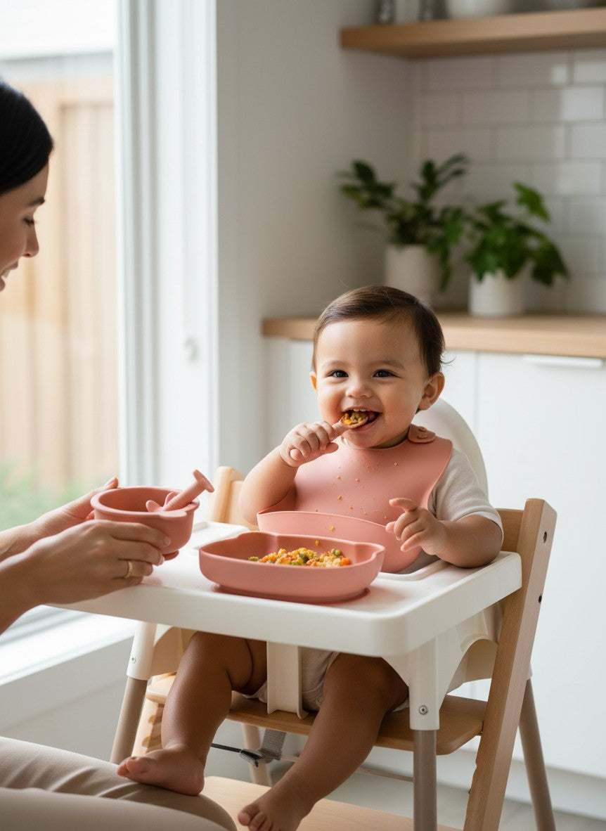 Bebé feliz usando set de alimentación de silicona Vamos Niños con diseño de osito en trona, color rosa suave.