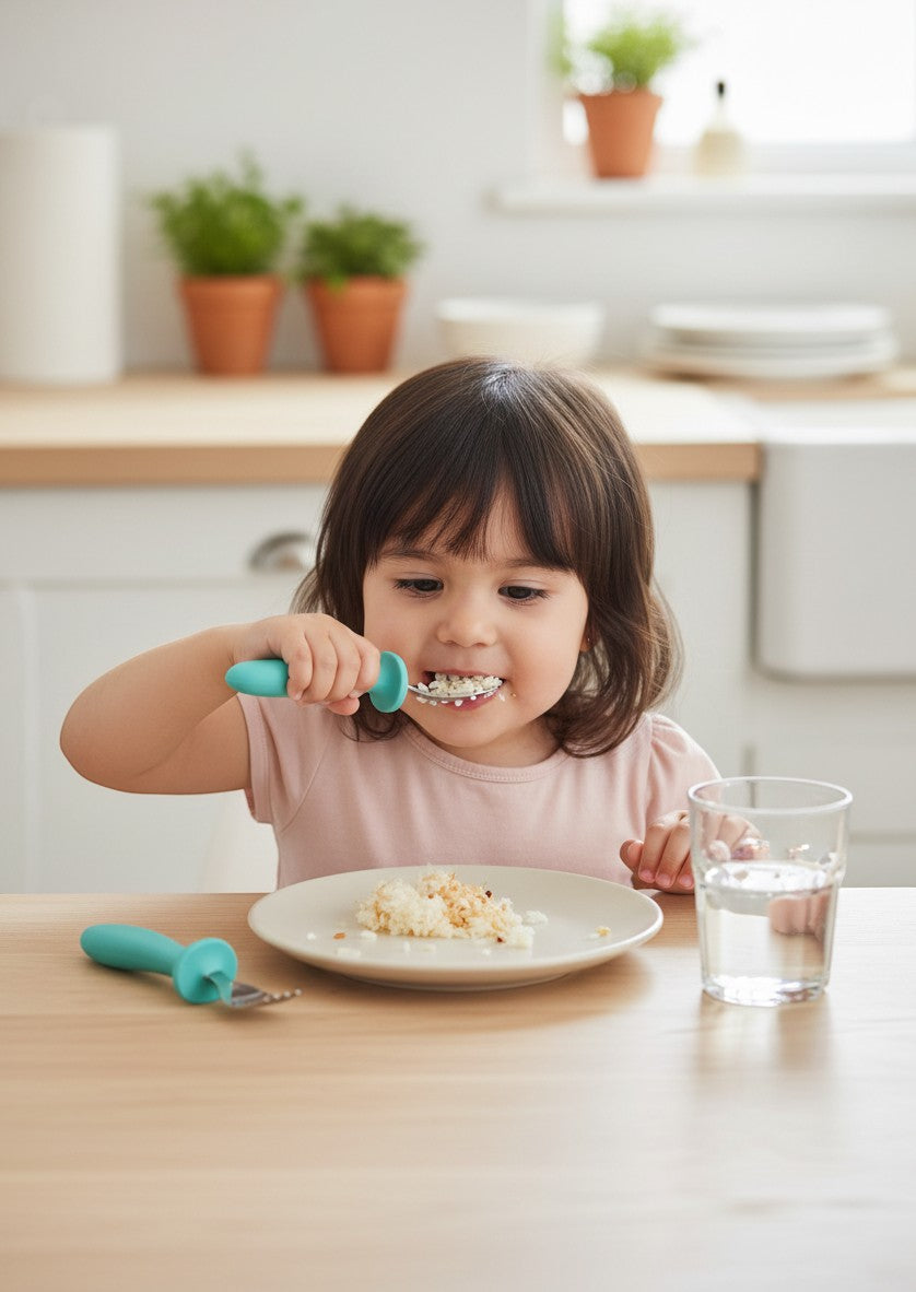 Niña comiendo con set de cubiertos Vamos Niños de acero inoxidable y mango ergonómico de silicona turquesa