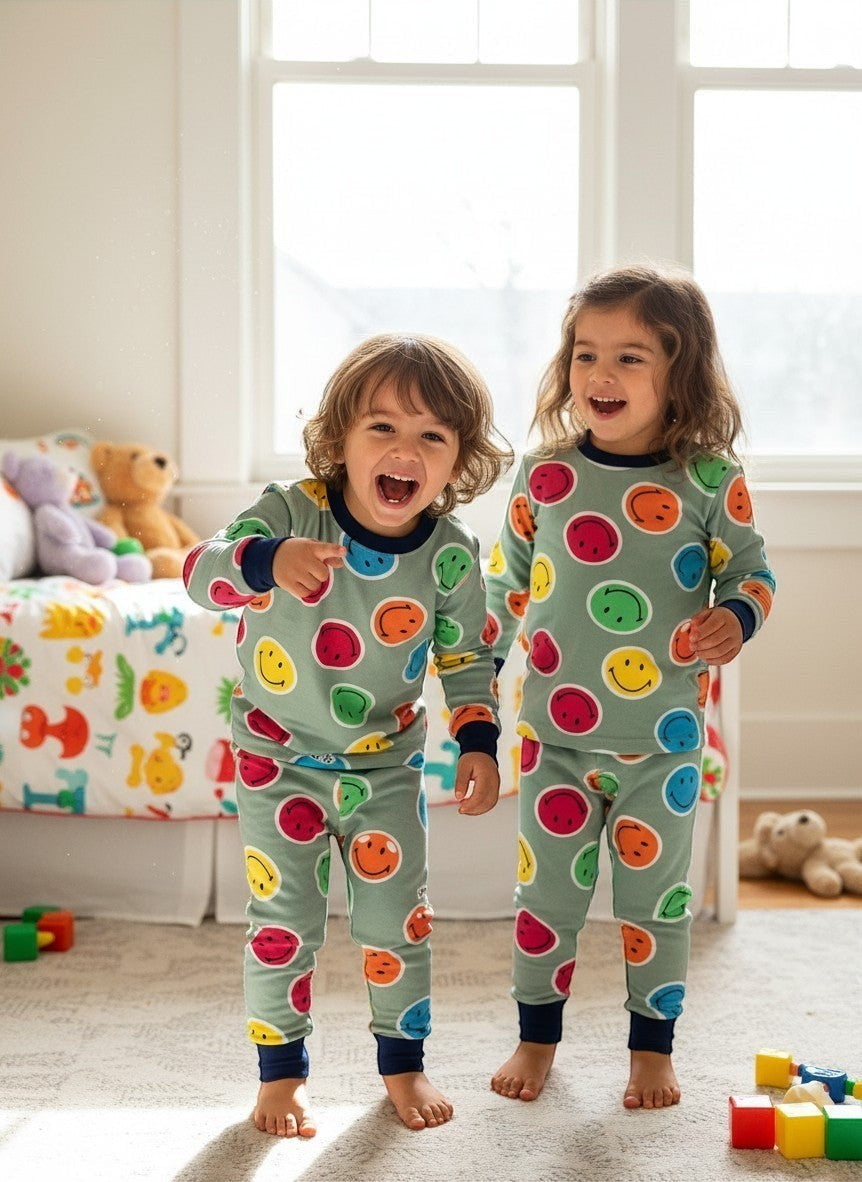 Dos niños felices con pijamas de sonrisas verde  y puños azul marino de Vamos Niños