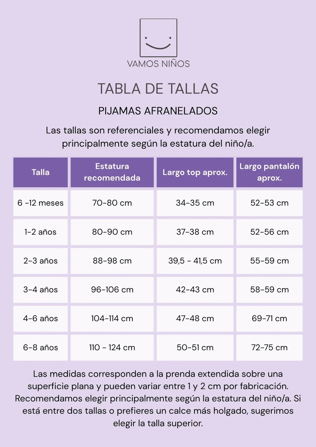 Tabla de tallas para pijamas afranelados de Vamos Niños con medidas de estatura y largo de prendas para bebés y niños