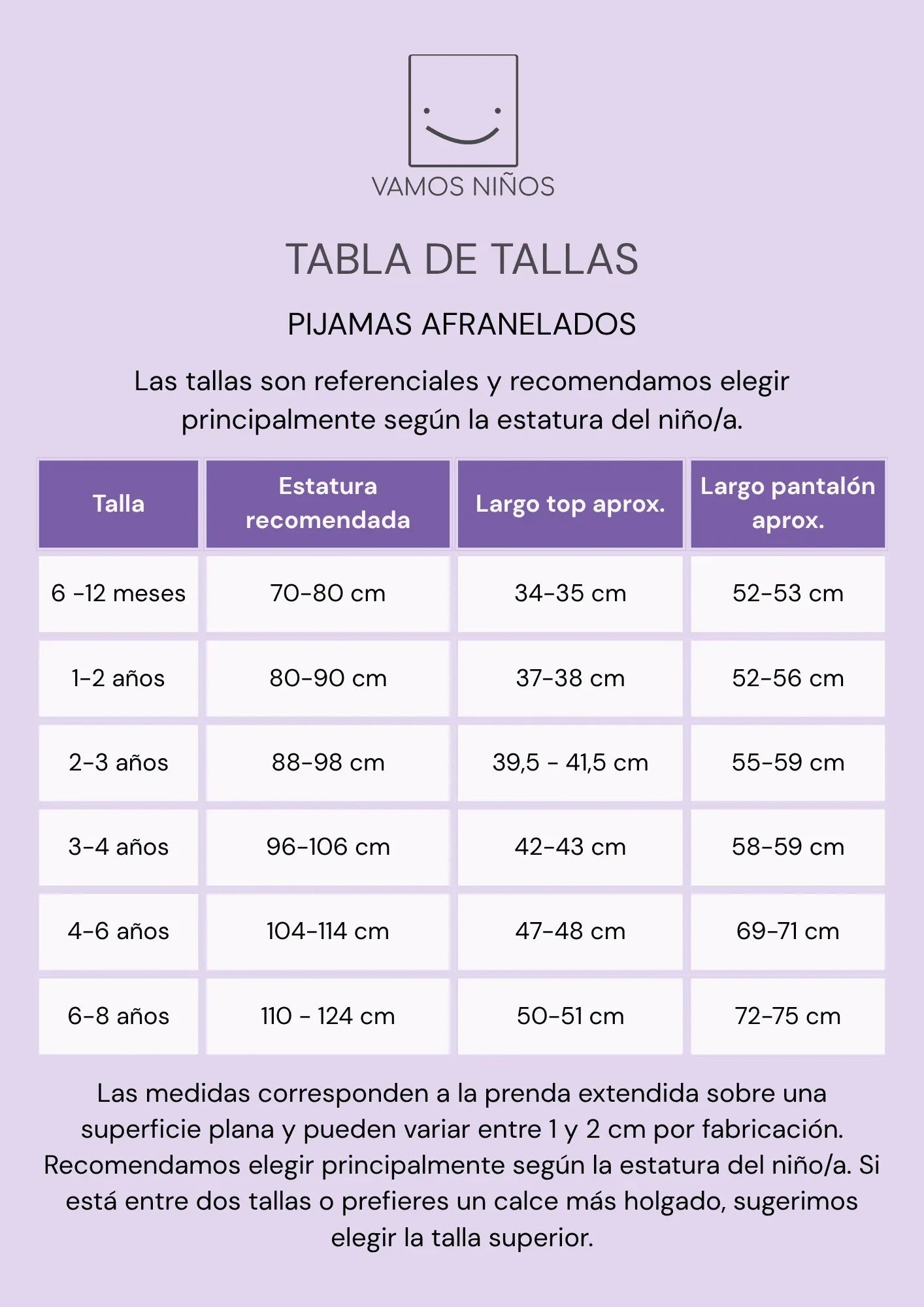 Tabla de tallas para pijamas afranelados de Vamos Niños con medidas de estatura y largo de prendas