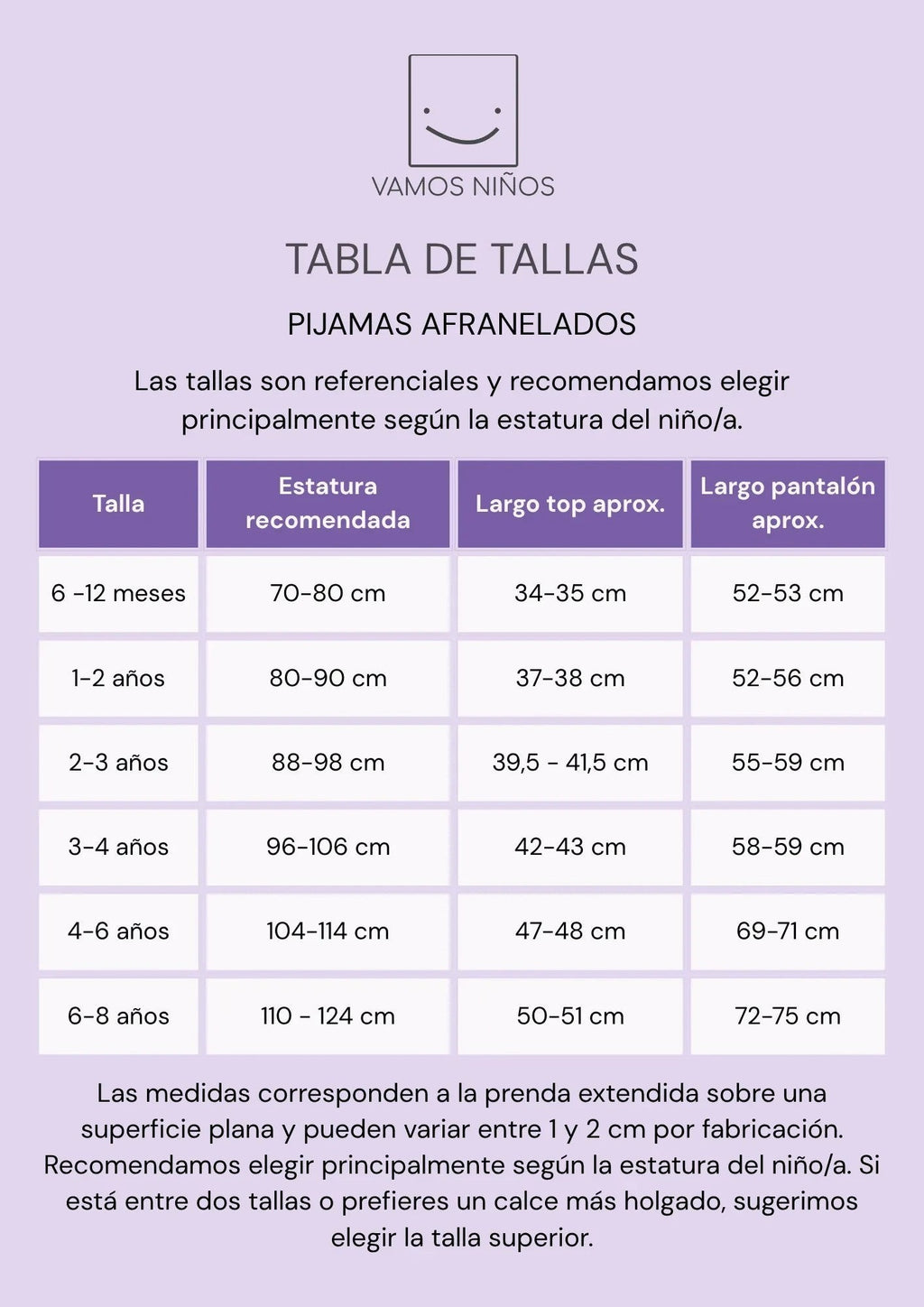 Tabla de tallas para pijamas afranelados de Vamos Niños con medidas de estatura y largo de prendas para bebés y niños