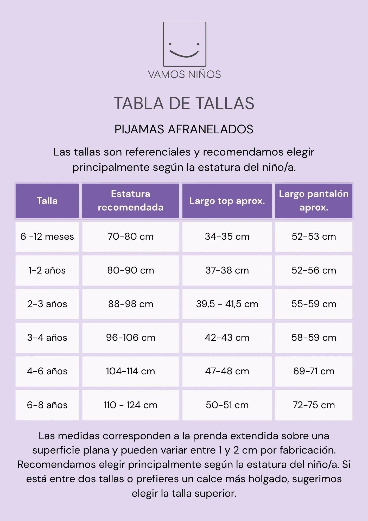 Tabla de tallas para pijamas afranelados de Vamos Niños con medidas de estatura y largo de prendas para bebés y niños