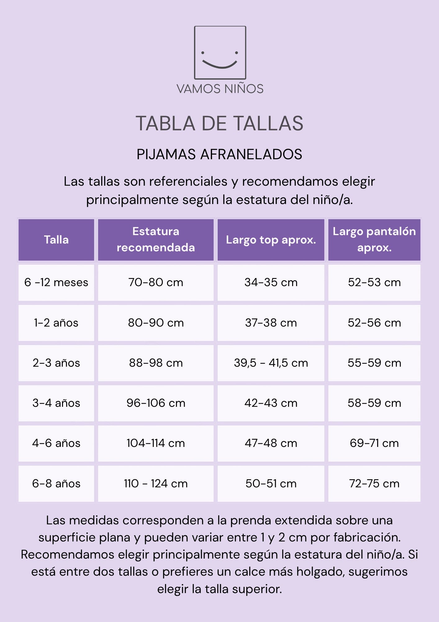 Tabla de tallas para pijamas afranelados de Vamos Niños con medidas detalladas según estatura y edad