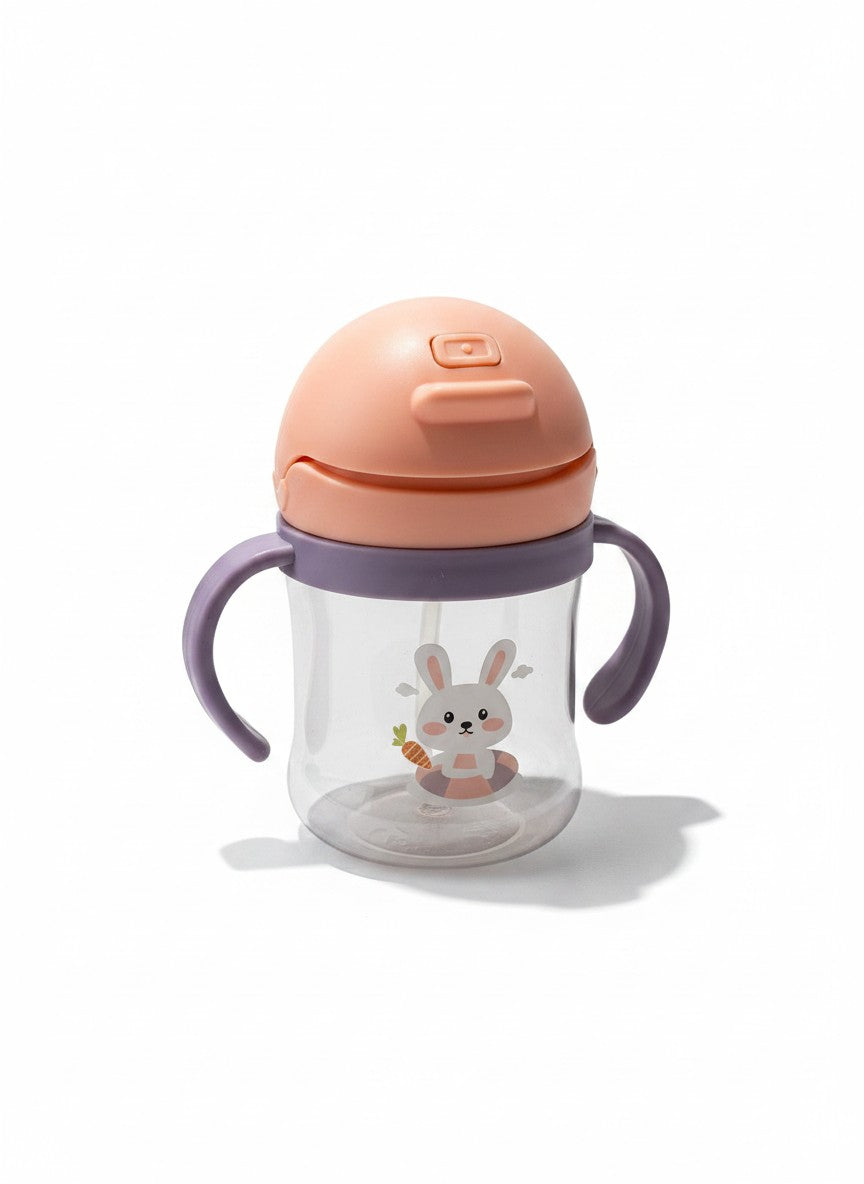 Vaso anti derrame Vamos Niños con bombilla de silicona, asas moradas y diseño de conejo con zanahoria.