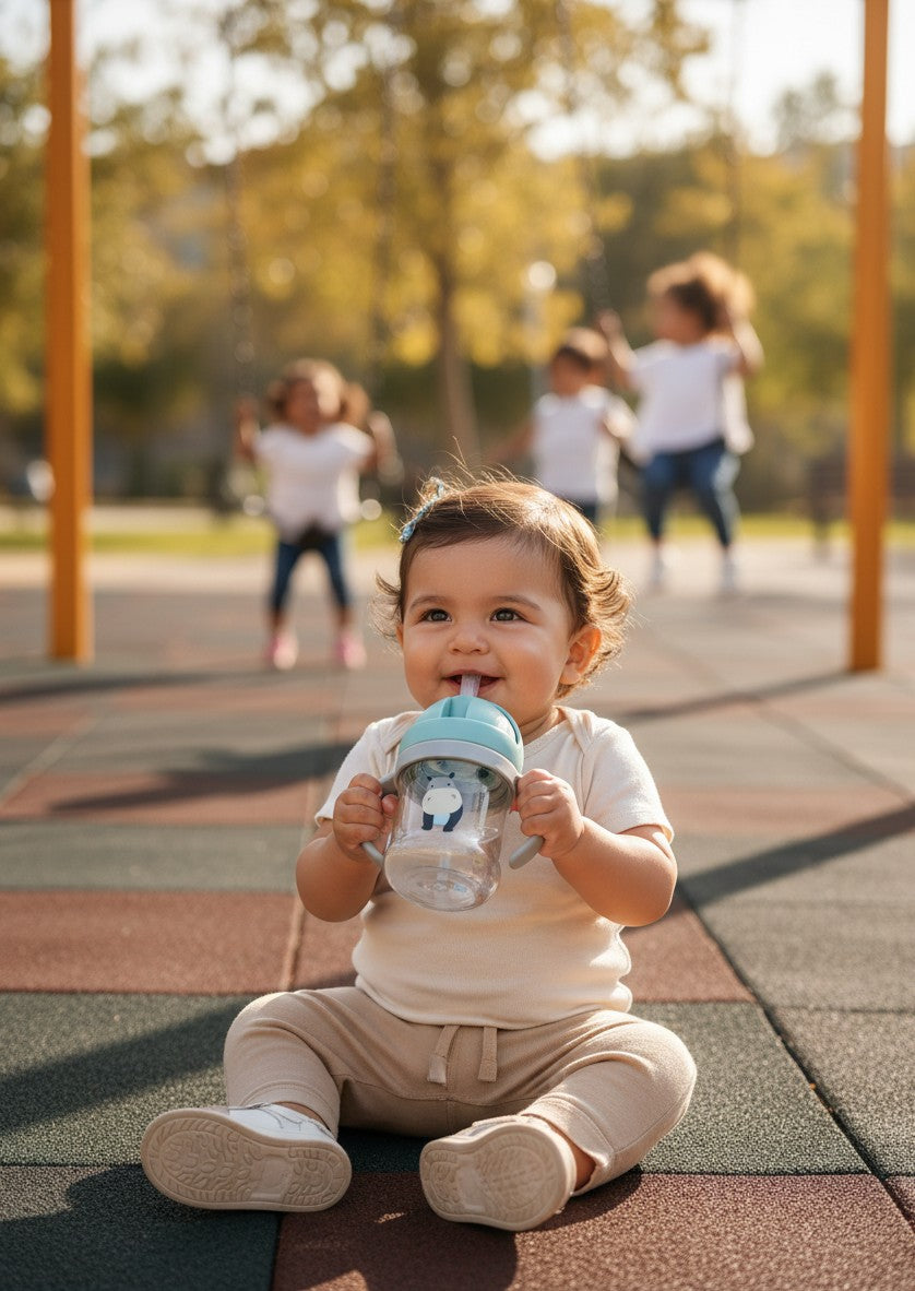 Bebé usando vaso de aprendizaje Vamos Niños con asas y pajita, diseño transparente con animal en parque infantil.