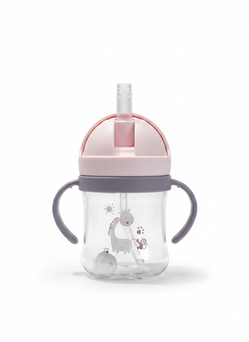 Vaso de aprendizaje Vamos Niños con pajita, asas ergonómicas, diseño de jirafa y tapa protectora rosa sin BPA.