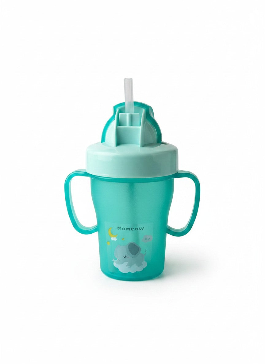 Vaso de aprendizaje verde azulado de Vamos Niños con asas, pajita y diseño de elefante y luna. Ideal para bebés.